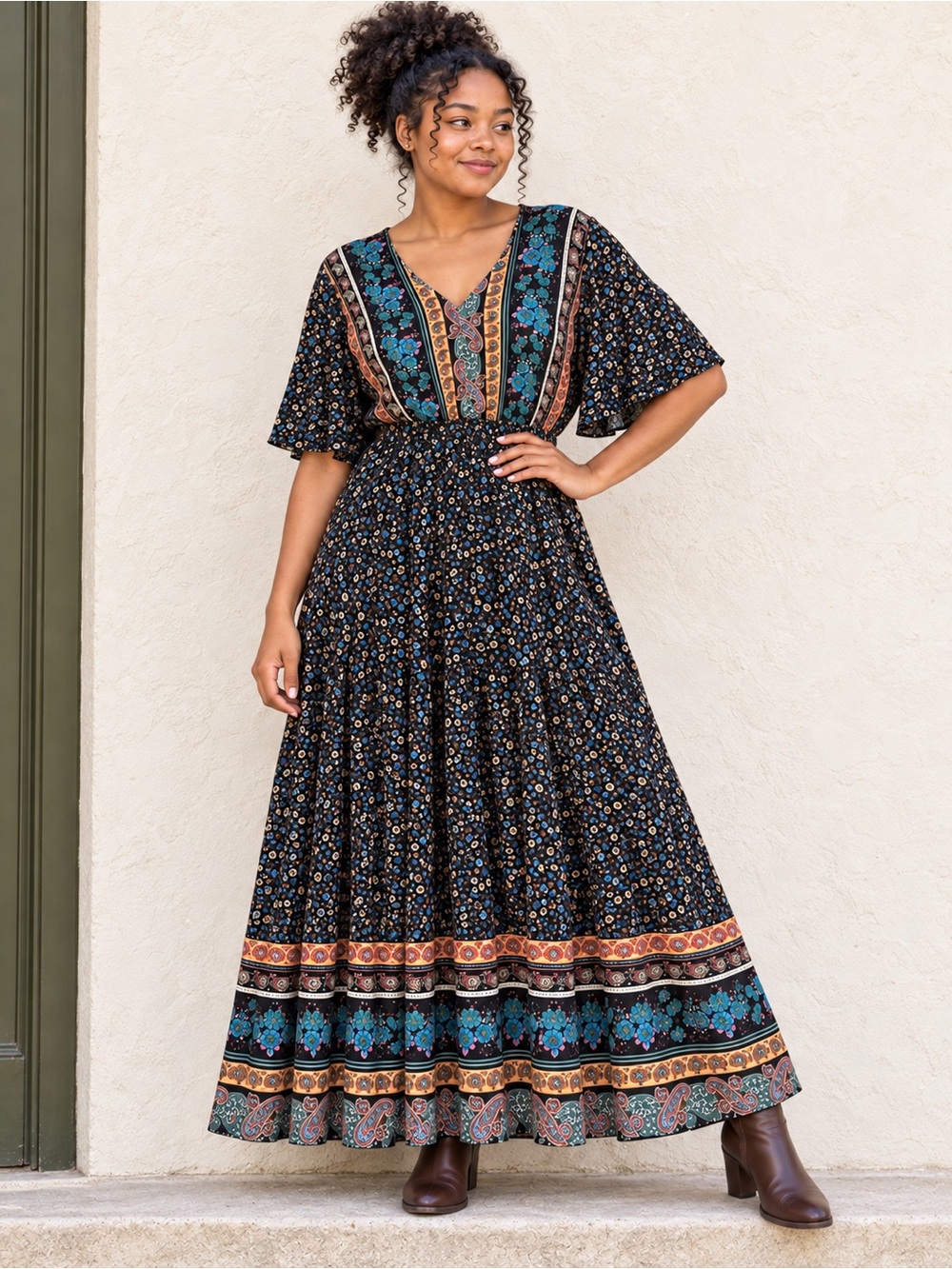 Black Floral Paisley Border Print Flutter Sleeve Boho Maxi Dress L
